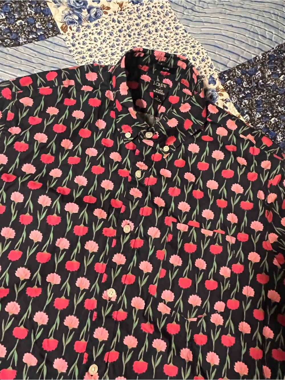 J. Crew Navy Button-Down Shirt with Pink & Red Floral Print